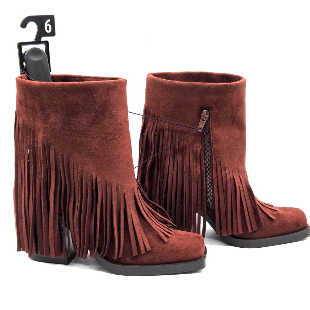 NEW Brown Suede Fringe Ankle Boots Booties Block Heel Zip‎ Up Square Toe Size 6
